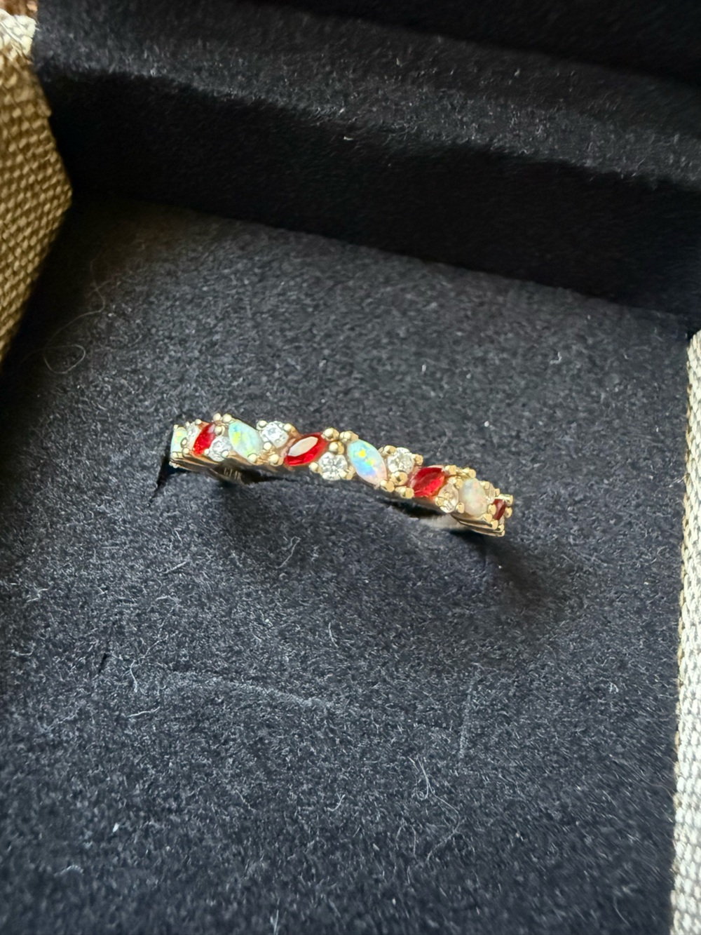 14K Yellow Gold Marquise Cut Ruby, Opal and Moissanite Size 8